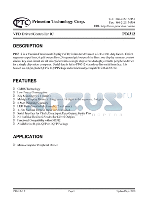 PT6312 datasheet - VFD Driver/Controller IC