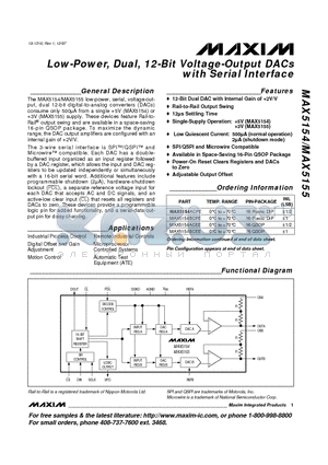 MAX5155ACPE datasheet - Low-Power, Dual, 12-Bit Voltage-Output DACs with Serial Interface