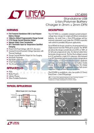 LTC4095 datasheet - Standalone USB Li-Ion/Polymer Battery Charger in 2mm  2mm DFN