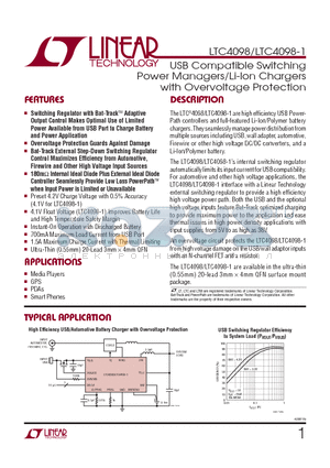 LTC4098 datasheet - USB Compatible Switching Power Managers/Li-Ion Chargers with Overvoltage Protection