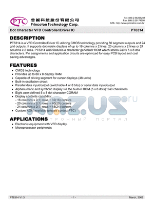 PT6314-16 datasheet - Dot Character VFD Controller/Driver IC