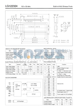 LG122324 datasheet - 122 x 32 dots Built in 8192 Chinese Fonts