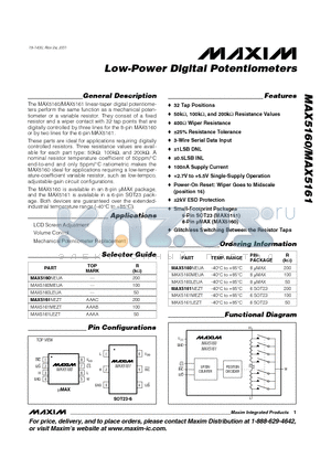MAX5161NEZT datasheet - Low-Power Digital Potentiometers