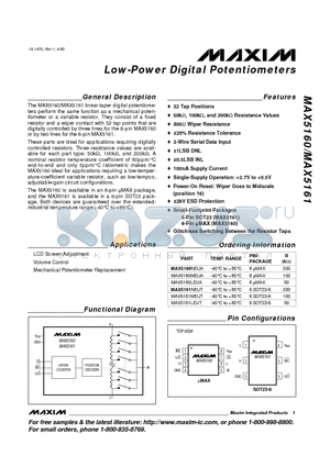 MAX5161 datasheet - Low-Power Digital Potentiometers
