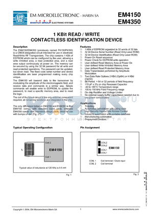 EM4150A5WT21 datasheet - 1 KBit READ / WRITE CONTACTLESS IDENTIFICATION DEVICE