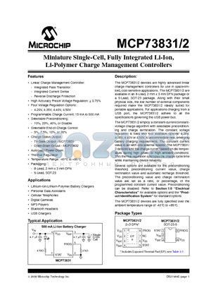 MCP73832-3ADI/OT datasheet - Miniature Single-Cell, Fully Integrated Li-Ion, Li-Polymer Charge Management Controllers