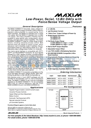 MAX5177BEEE datasheet - Low-Power, Serial, 12-Bit DACs with Force/Sense Voltage Output