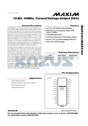 MAX5184BEEG datasheet - 10-Bit, 40MHz, Current/Voltage-Output DACs