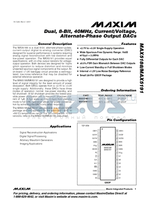 MAX5188BEEI datasheet - Dual, 8-Bit, 40MHz, Current/Voltage,Alternate-Phase Output DACs