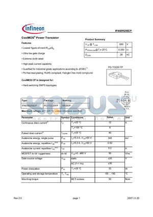 IPA60R250CP datasheet - CoolMos Power Transistor