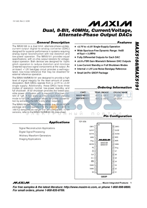MAX5188 datasheet - Dual, 8-Bit, 40MHz, Current/Voltage, Alternate-Phase Output DACs