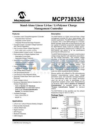 MCP73833 datasheet - Stand-Alone Linear Li-Ion / Li-Polymer Charge Management Controller