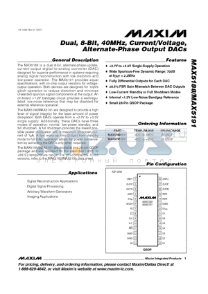 MAX5191BEEI datasheet - Dual, 8-Bit, 40MHz, Current/Voltage,Alternate-Phase Output DACs
