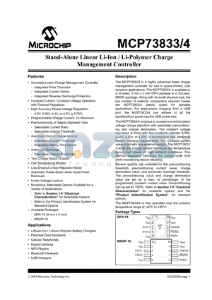 MCP73833_09 datasheet - Stand-Alone Linear Li-Ion / Li-Polymer Charge Management Controller