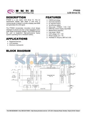 PT6520 datasheet - LCD Driver IC