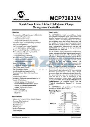 MCP73833-CNI/MF datasheet - Stand-Alone Linear Li-Ion / Li-Polymer Charge Management Controller