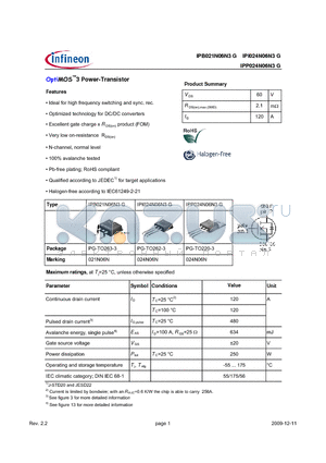IPB021N06N3G datasheet - OptiMOS3 Power-Transistor Features Ideal for high frequency switching and sync. rec.
