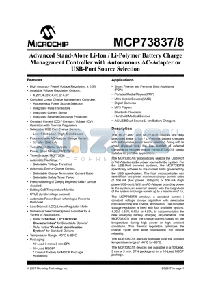 MCP738376SIUN datasheet - Advanced Stand-Alone Li-Ion / Li-Polymer Battery Charge Management Controller with Autonomous AC-Adapter or USB-Port Source Selection