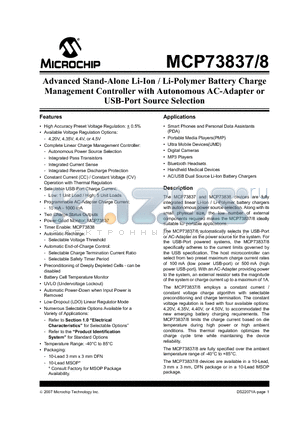 MCP73837AMIMF datasheet - Advanced Stand-Alone Li-Ion / Li-Polymer Battery Charge Management Controller with Autonomous AC-Adapter or USB-Port Source Selection