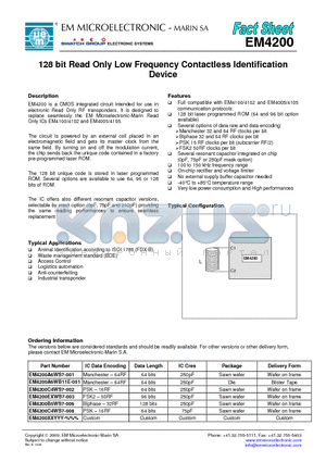 EM4200 datasheet - 128 bit Read Only Low Frequency Contactless Identification Device