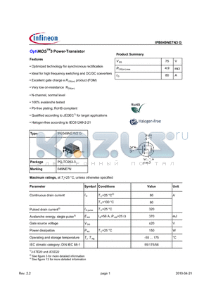IPB049NE7N3G datasheet - OptiMOSTM3 Power-Transistor