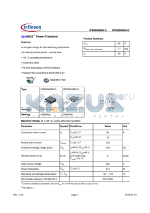 IPB080N06NG datasheet - OptiMOS Power-Transistor Features Low gate charge for fast switching applications