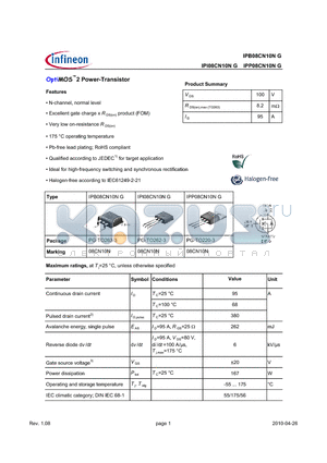 IPB08CN10NG datasheet - OptiMOS2 Power-Transistor Features Excellent gate charge x R DS(on) product (FOM)