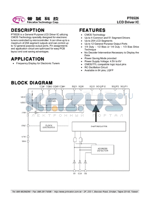 PT6526 datasheet - LCD Driver IC
