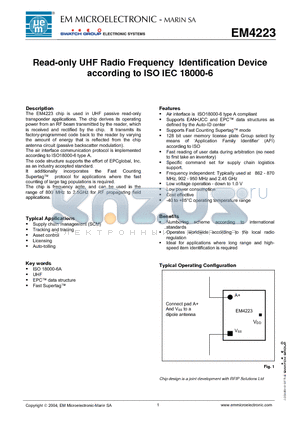EM4223 datasheet - Read-only UHF Radio Frequency Identification Device
