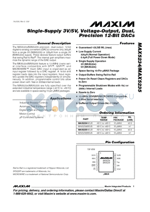 MAX5234AEUB datasheet - Single-Supply 3V/5V, Voltage-Output, Dual, Precision 12-Bit DACs