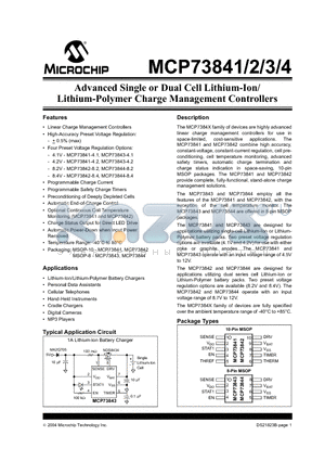 MCP73841T-820I/MS datasheet - Advanced Single or Dual Cell Lithium-Ion/ Lithium-Polymer Charge Management Controllers