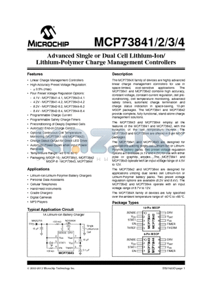 MCP73841_13 datasheet - Advanced Single or Dual Cell Lithium-Ion/ Lithium-Polymer Charge Management Controllers