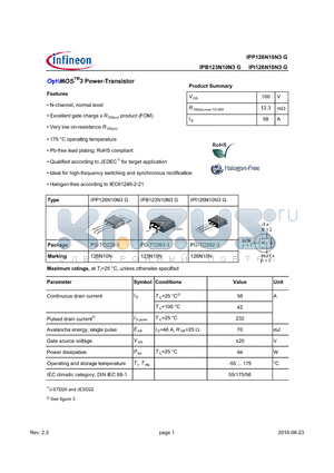 IPB123N10N3G datasheet - OptiMOSTM3 Power-Transistor