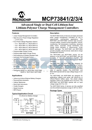 MCP73844-820I/MS datasheet - Advanced Single or Dual Cell Lithium-Ion/ Lithium-Polymer Charge Management Controllers