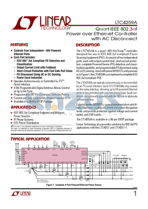 LTC4259A datasheet - Quad IEEE 802.3af Power over Ethernet Controller with AC Disconnect