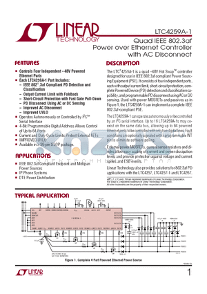 LTC4259A-1 datasheet - Quad IEEE 802.3af Power over Ethernet Controller with AC Disconnect
