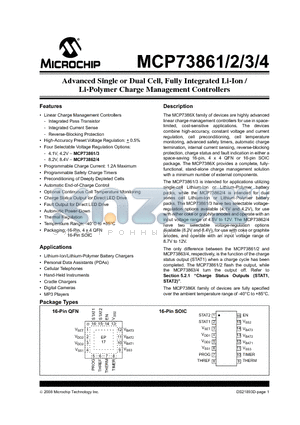 MCP73861-I/SL datasheet - Advanced Single or Dual Cell, Fully Integrated Li-Ion / Li-Polymer Charge Management Controllers