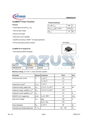 IPB60R520CP datasheet - CoolMOS Power Transistor