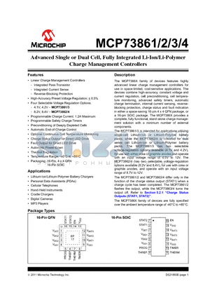 MCP73861_11 datasheet - Advanced Single or Dual Cell, Fully Integrated Li-Ion/Li-Polymer Charge Management