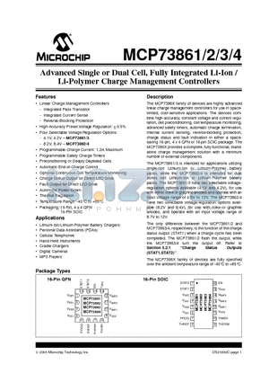MCP73862-I/SL datasheet - Advanced Single or Dual Cell, Fully Integrated Li-Ion / Li-Polymer Charge Management Controllers