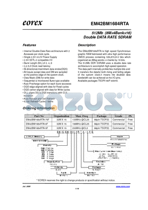 EM424M1684RTA-5FE datasheet - 512Mb (8M4Bank16) Double DATA RATE SDRAM