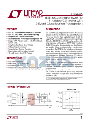 LTC4265 datasheet - IEEE 802.3at High Power PD Interface Controller with 2-Event Classifi cation Recognition