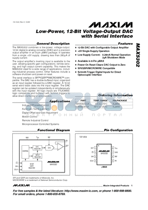 MAX5302CUA datasheet - Low-Power, 12-Bit Voltage-Output DAC with Serial Interface