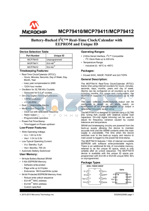 MCP79411 datasheet - Battery-Backed I2C Real-Time Clock/Calendar with EEPROM and Unique ID