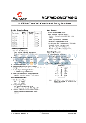 MCP7951X datasheet - 3V SPI Real-Time Clock Calendar with Battery Switchover