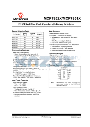 MCP79520 datasheet - 3V SPI Real-Time Clock Calendar with Battery Switchover