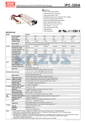 IPC-300A datasheet - 300W Industrial 1U ATX 12V/P4 PC Power Supply