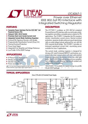 LTC4267IGN-1-PBF datasheet - Power over Ethernet IEEE 802.3af PD Interface with Integrated Switching Regulator