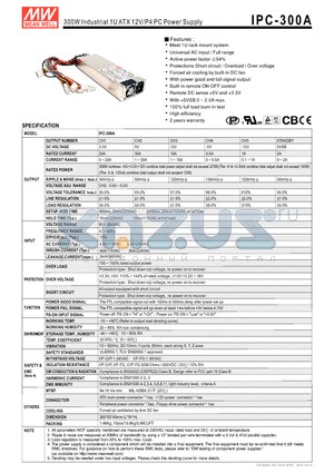 IPC-300A_10 datasheet - 300W Industrial 1U ATX 12V/P4 PC Power Supply