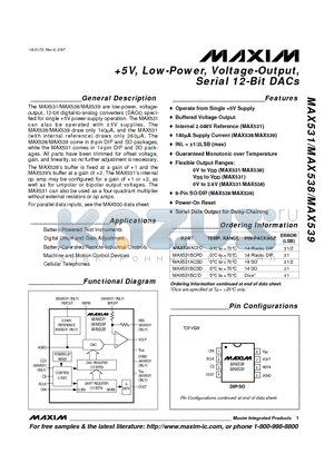 MAX531AEPD datasheet - 5V, Low-Power, Voltage-Output, Serial 12-Bit DACs